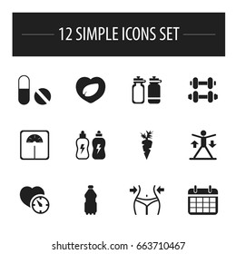 Set Of 12 Editable Exercise Icons. Includes Symbols Such As Fitness Drink, Weight Measurement, Training And More. Can Be Used For Web, Mobile, UI And Infographic Design.