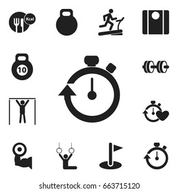 Set Of 12 Editable Exercise Icons. Includes Symbols Such As Healthy Food, Barbell, Balance And More. Can Be Used For Web, Mobile, UI And Infographic Design.