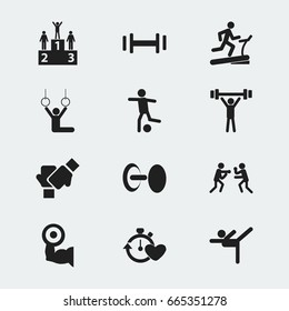 Set Of 12 Editable Exercise Icons. Includes Symbols Such As Gauntlet, Acrobat, Bodybuilding And More. Can Be Used For Web, Mobile, UI And Infographic Design.