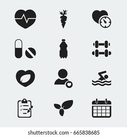 Set Of 12 Editable Exercise Icons. Includes Symbols Such As Swimming, Stopwatch, Root Vegetable And More. Can Be Used For Web, Mobile, UI And Infographic Design.