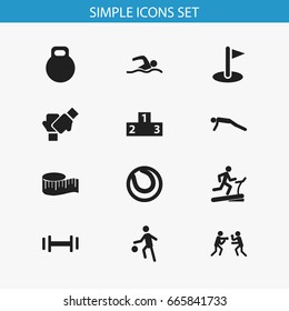 Set Of 12 Editable Exercise Icons. Includes Symbols Such As Training Pool, Physical Education, Cloth Ruler And More. Can Be Used For Web, Mobile, UI And Infographic Design.
