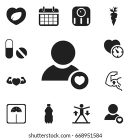 Set Of 12 Editable Exercise Icons. Includes Symbols Such As Stopwatch, Strong Love, Pill And More. Can Be Used For Web, Mobile, UI And Infographic Design.