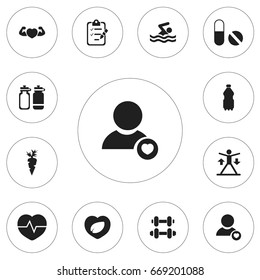 Set Of 12 Editable Exercise Icons. Includes Symbols Such As Questionnaire, Root Vegetable, Sport Water And More. Can Be Used For Web, Mobile, UI And Infographic Design.