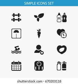 Set Of 12 Editable Exercise Icons. Includes Symbols Such As Scales, Profile, Leaf In Heart And More. Can Be Used For Web, Mobile, UI And Infographic Design.
