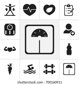 Set Of 12 Editable Exercise Icons. Includes Symbols Such As Heartbeat, Weight Measurement, Hand Barbell. Can Be Used For Web, Mobile, UI And Infographic Design.