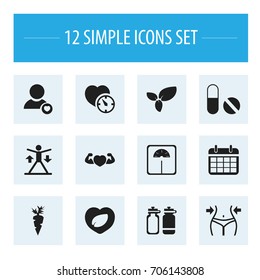 Set Of 12 Editable Exercise Icons. Includes Symbols Such As Strong Love, Slimming, Training And More. Can Be Used For Web, Mobile, UI And Infographic Design.