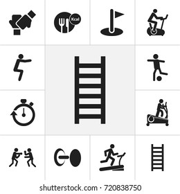 Set Of 12 Editable Exercise Icons. Includes Symbols Such As Stopwatch, Strength, Fight And More. Can Be Used For Web, Mobile, UI And Infographic Design.