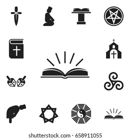 Set Of 12 Editable Faith Icons. Includes Symbols Such As Christian Book, Taoism, Mandala. Can Be Used For Web, Mobile, UI And Infographic Design.