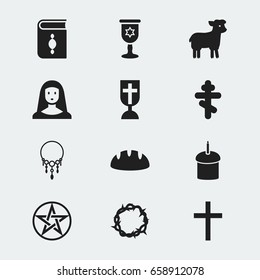 Set Of 12 Editable Faith Icons. Includes Symbols Such As Christ Wreath, Sacrifice Sheep, Catholic Crucifix And More. Can Be Used For Web, Mobile, UI And Infographic Design.