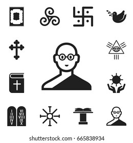 Set Of 12 Editable Faith Icons. Includes Symbols Such As Solar, Religious Sign, Christian Book And More. Can Be Used For Web, Mobile, UI And Infographic Design.