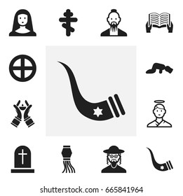 Set Of 12 Editable Faith Icons. Includes Symbols Such As Clergyman, Reading, Tusk And More. Can Be Used For Web, Mobile, UI And Infographic Design.