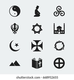 Set Of 12 Editable Faith Icons. Includes Symbols Such As Pray, Mohammedanism, Jewish And More. Can Be Used For Web, Mobile, UI And Infographic Design.