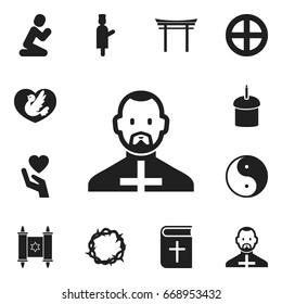 Set Of 12 Editable Faith Icons. Includes Symbols Such As Taoism, Christ Wreath, Pope And More. Can Be Used For Web, Mobile, UI And Infographic Design.