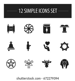 Set Of 12 Editable Faith Icons. Includes Symbols Such As Religious Book, Pentagram, Hexagram And More. Can Be Used For Web, Mobile, UI And Infographic Design.