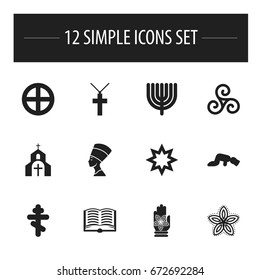 Set Of 12 Editable Faith Icons. Includes Symbols Such As Indian Flower, Christian Cross, Cleopatra And More. Can Be Used For Web, Mobile, UI And Infographic Design.