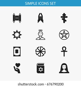 Set Of 12 Editable Faith Icons. Includes Symbols Such As Pentagram, Cherub, David Star And More. Can Be Used For Web, Mobile, UI And Infographic Design.