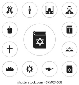 Set Of 12 Editable Faith Icons. Includes Symbols Such As Fire Wax, Bible, Spring Pie And More. Can Be Used For Web, Mobile, UI And Infographic Design.