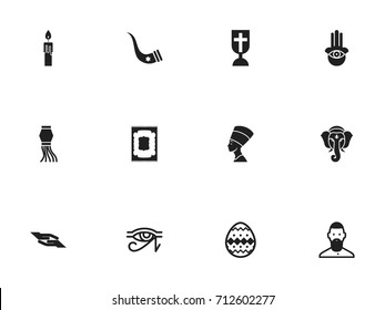 Set Of 12 Editable Faith Icons. Includes Symbols Such As Fire Wax, Eye On Hand , Egypt God. Can Be Used For Web, Mobile, UI And Infographic Design.