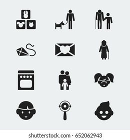 Set Of 12 Editable Family Icons. Includes Symbols Such As Father With Dog, Baby, Grandmother. Can Be Used For Web, Mobile, UI And Infographic Design.