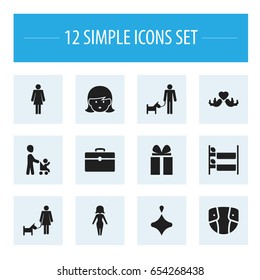 Set Of 12 Editable Family Icons. Includes Symbols Such As Puppy Together Lady, Bunk Bed, Spinner And More. Can Be Used For Web, Mobile, UI And Infographic Design.