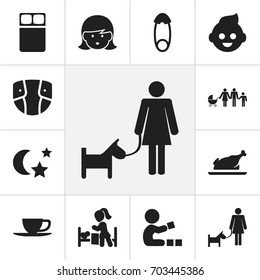 Set Of 12 Editable Family Icons. Includes Symbols Such As Puppy Together Lady, Mattress, Mother And More. Can Be Used For Web, Mobile, UI And Infographic Design.