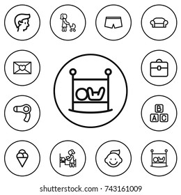Set Of 12 Editable Family Outline Icons. Includes Symbols Such As Dryer, Baby, Sorbet And More. Can Be Used For Web, Mobile, UI And Infographic Design.