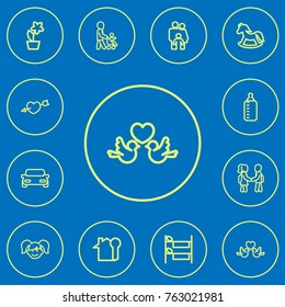 Set Of 12 Editable Family Outline Icons. Includes Symbols Such As People, Grandson, Milk. Can Be Used For Web, Mobile, UI And Infographic Design.