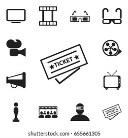 Set Of 12 Editable Filming Icons. Includes Symbols Such As 3D Vision, Spectator, Display Unit And More. Can Be Used For Web, Mobile, UI And Infographic Design.