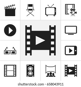 Set Of 12 Editable Filming Icons. Includes Symbols Such As Display Unit, Cinematography, Tablet Play And More. Can Be Used For Web, Mobile, UI And Infographic Design.