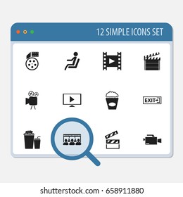 Set Of 12 Editable Filming Icons. Includes Symbols Such As Cinema Snack, Tripod, Seat And More. Can Be Used For Web, Mobile, UI And Infographic Design.
