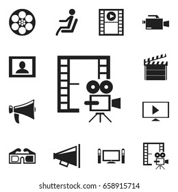 Set Of 12 Editable Filming Icons. Includes Symbols Such As Clapper, Bullhorn, Video Camera And More. Can Be Used For Web, Mobile, UI And Infographic Design.