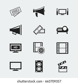 Set Of 12 Editable Filming Icons. Includes Symbols Such As Home Cinema, Clapper, Filmstrip And More. Can Be Used For Web, Mobile, UI And Infographic Design.
