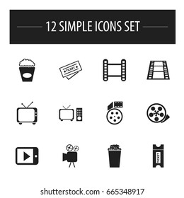 Set Of 12 Editable Filming Icons. Includes Symbols Such As Popcorn, Telly, Tape And More. Can Be Used For Web, Mobile, UI And Infographic Design.