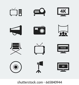 Set Of 12 Editable Filming Icons. Includes Symbols Such As Studio Light, Photographing, Shooting Seat And More. Can Be Used For Web, Mobile, UI And Infographic Design.