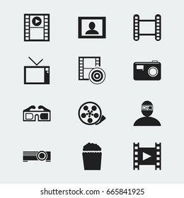 Set Of 12 Editable Filming Icons. Includes Symbols Such As Screen, Play Video, Retro Television And More. Can Be Used For Web, Mobile, UI And Infographic Design.