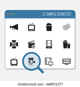 Set Of 12 Editable Filming Icons. Includes Symbols Such As Television, Record Cam, Movie And More. Can Be Used For Web, Mobile, UI And Infographic Design.