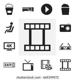 Set Of 12 Editable Filming Icons. Includes Symbols Such As Start, Outlet, 3D Vision And More. Can Be Used For Web, Mobile, UI And Infographic Design.