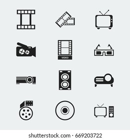 Set Of 12 Editable Filming Icons. Includes Symbols Such As Projector, Portable Camera, Movie Reel And More. Can Be Used For Web, Mobile, UI And Infographic Design.