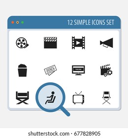 Set Of 12 Editable Filming Icons. Includes Symbols Such As Telly, Camera Strip, The End And More. Can Be Used For Web, Mobile, UI And Infographic Design.