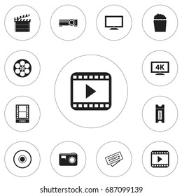 Set Of 12 Editable Filming Icons. Includes Symbols Such As Monitor, Ticket, Coupon And More. Can Be Used For Web, Mobile, UI And Infographic Design.