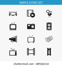 Set Of 12 Editable Filming Icons. Includes Symbols Such As Ticket, Movie Camera, Telly And More. Can Be Used For Web, Mobile, UI And Infographic Design.