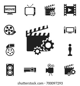 Set Of 12 Editable Filming Icons. Includes Symbols Such As Film, Tape, Oscar And More. Can Be Used For Web, Mobile, UI And Infographic Design.