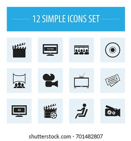 Set Of 12 Editable Filming Icons. Includes Symbols Such As Widescreen, Seat, Hd Television And More. Can Be Used For Web, Mobile, UI And Infographic Design.