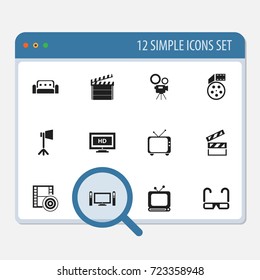 Set Of 12 Editable Filming Icons. Includes Symbols Such As Home Cinema, Clapper, Telly And More. Can Be Used For Web, Mobile, UI And Infographic Design.