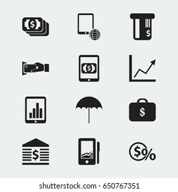 Set Of 12 Editable Finance Icons. Includes Symbols Such As Increase Dollar, Bucks, Network And More. Can Be Used For Web, Mobile, UI And Infographic Design.
