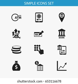 Set Of 12 Editable Finance Icons. Includes Symbols Such As Entering Password, Townhouse, Atm And More. Can Be Used For Web, Mobile, UI And Infographic Design.