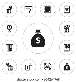 Set Of 12 Editable Finance Icons. Includes Symbols Such As Library, Wireless Connection, Automatic Teller Machine And More. Can Be Used For Web, Mobile, UI And Infographic Design.