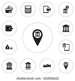 Set Of 12 Editable Financial Icons. Includes Symbols Such As Purse, Edifice, Pinpoint And More. Can Be Used For Web, Mobile, UI And Infographic Design.