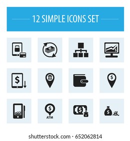 Set Of 12 Editable Financial Icons. Includes Symbols Such As Purse, Hierarchy, Automatic Teller Machine And More. Can Be Used For Web, Mobile, UI And Infographic Design.