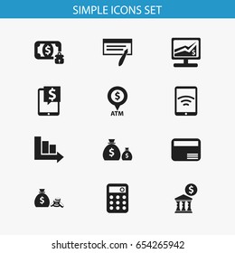 Set Of 12 Editable Financial Icons. Includes Symbols Such As Calculator, Treasure, Bank Location And More. Can Be Used For Web, Mobile, UI And Infographic Design.